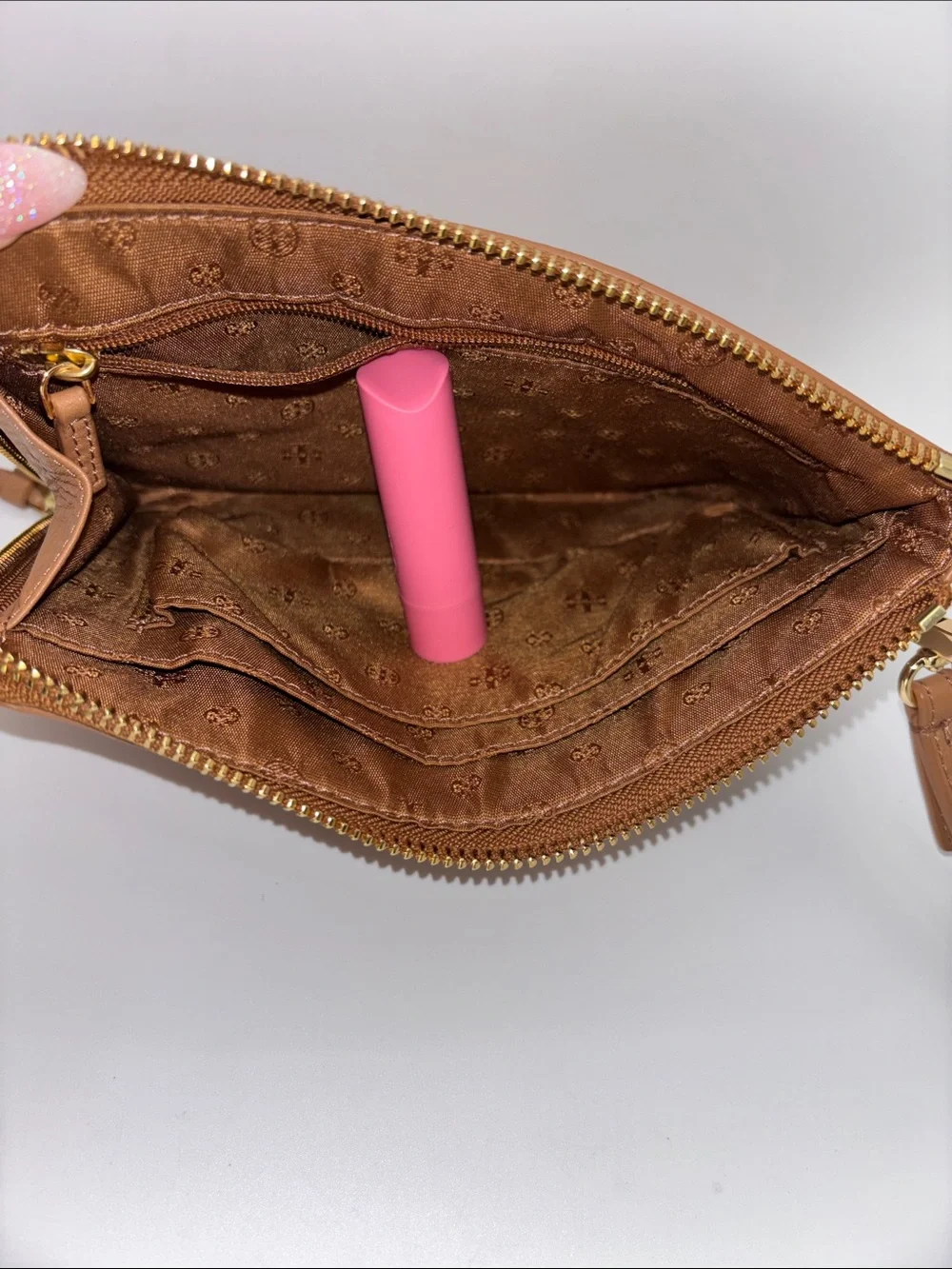 Tory Burch Caramel Leather Logo Wristlet